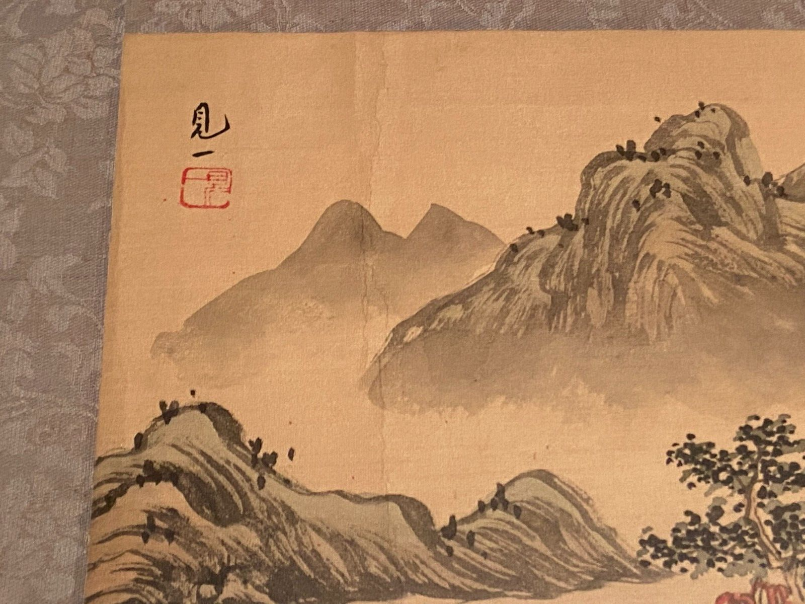 India ink drawing with red markings depicting a mountain landscape