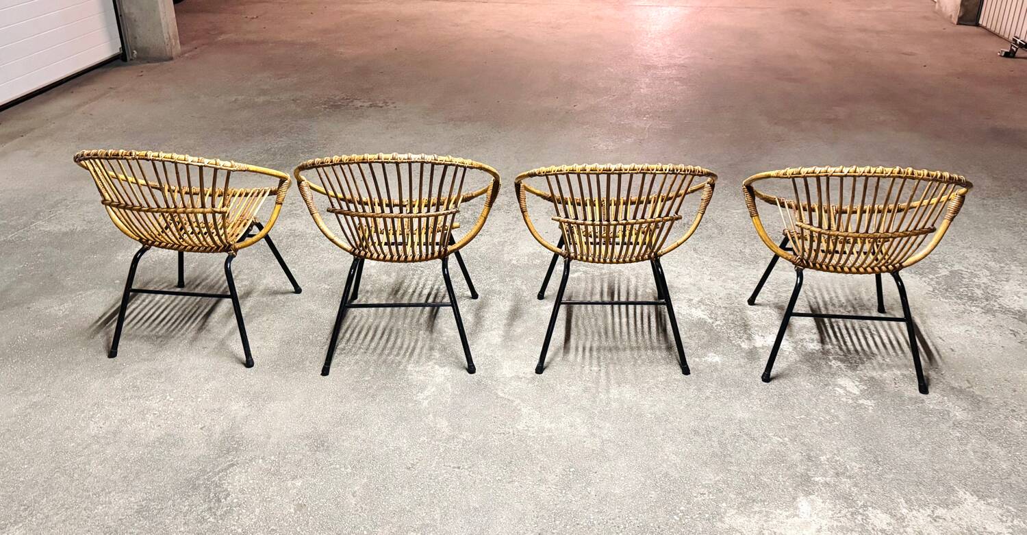 Set of 4 vintage 1950s/60s wicker rattan adult basket armchairs