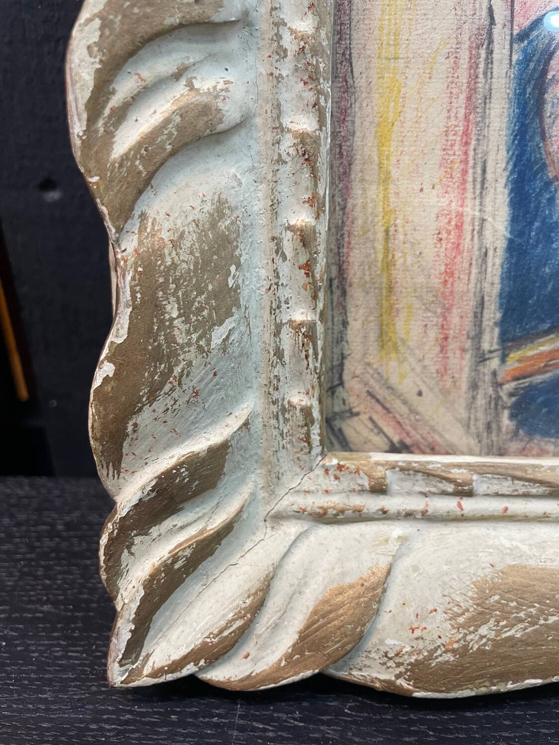 Dry pastels on paper “woman knitting on the beach”