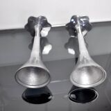 Pair of floral candlesticks by art3, aluminum and blue enameled ceramic, spain, 1980