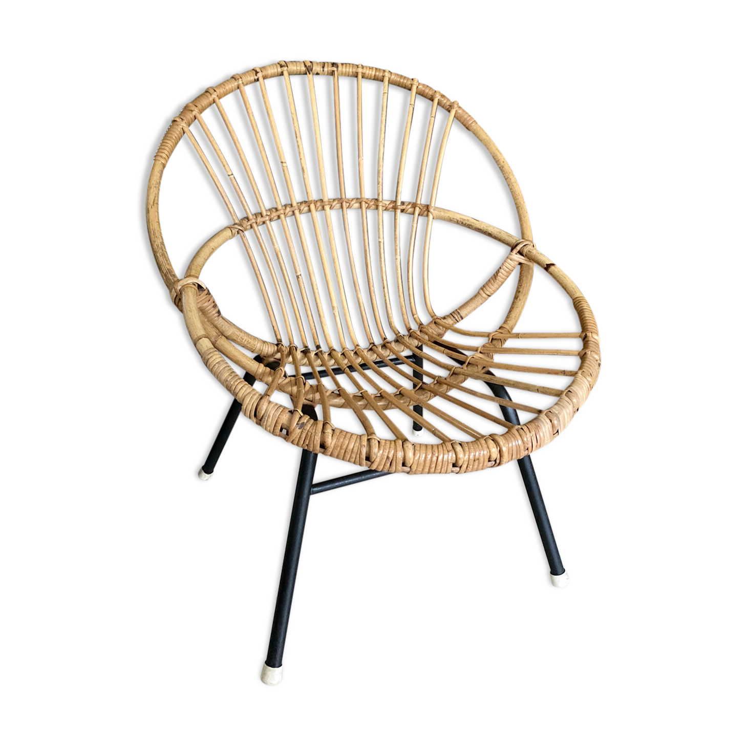 Old vintage metal foot rattan chair