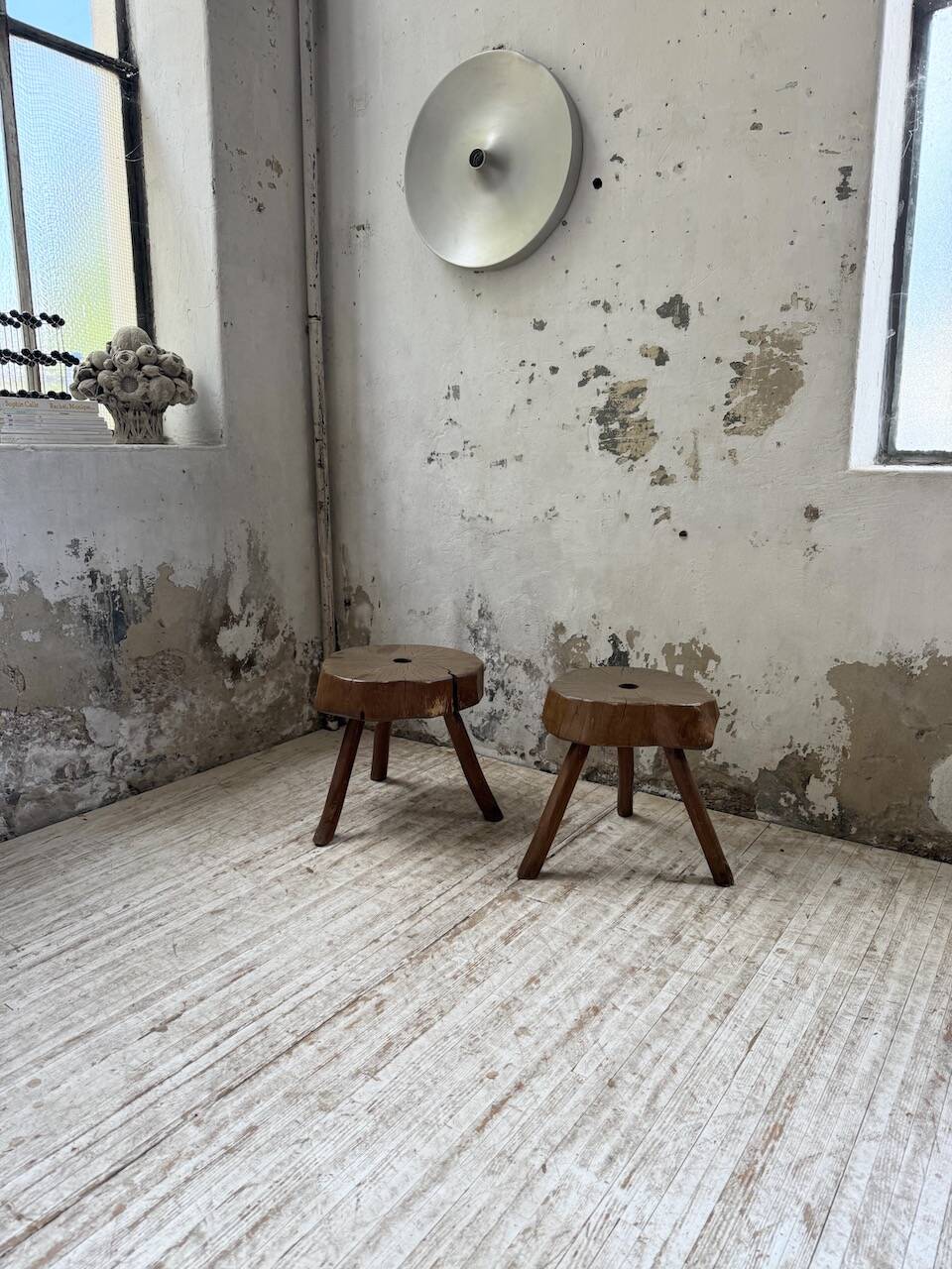 Pair of oak tripod shepherd's stools