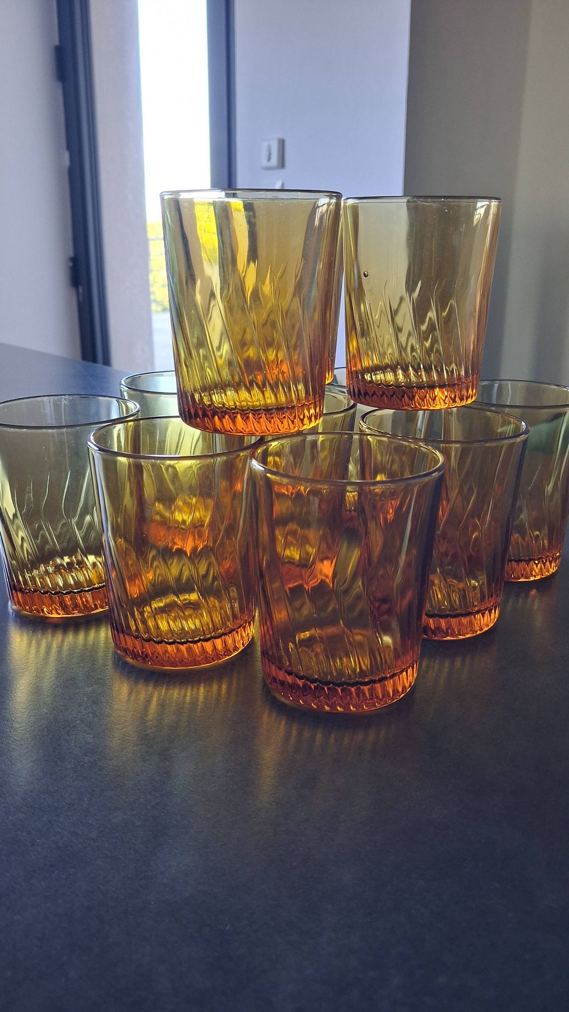 Set of 12 amber textured glass water glasses – 1970s