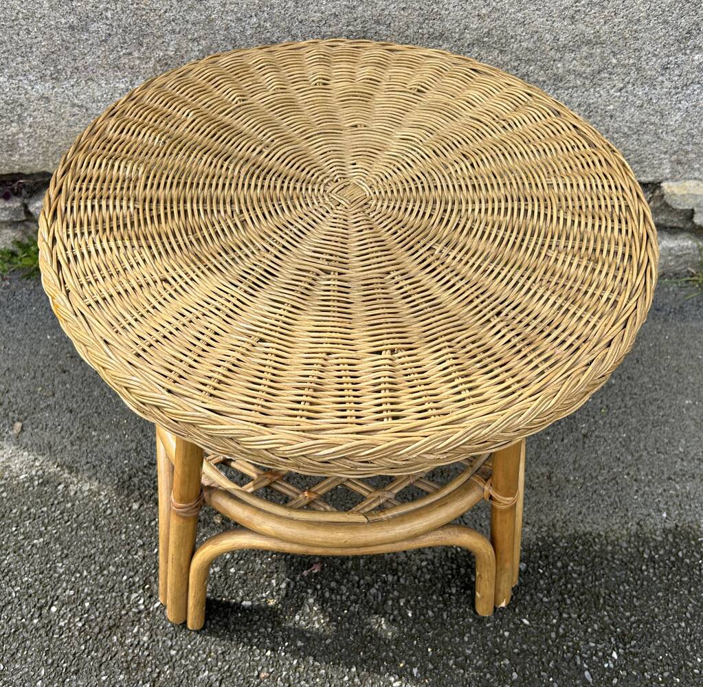 Pedestal table, coffee table, bamboo and rattan, vintage, 60s
