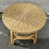 Pedestal table, coffee table, bamboo and rattan, vintage, 60s