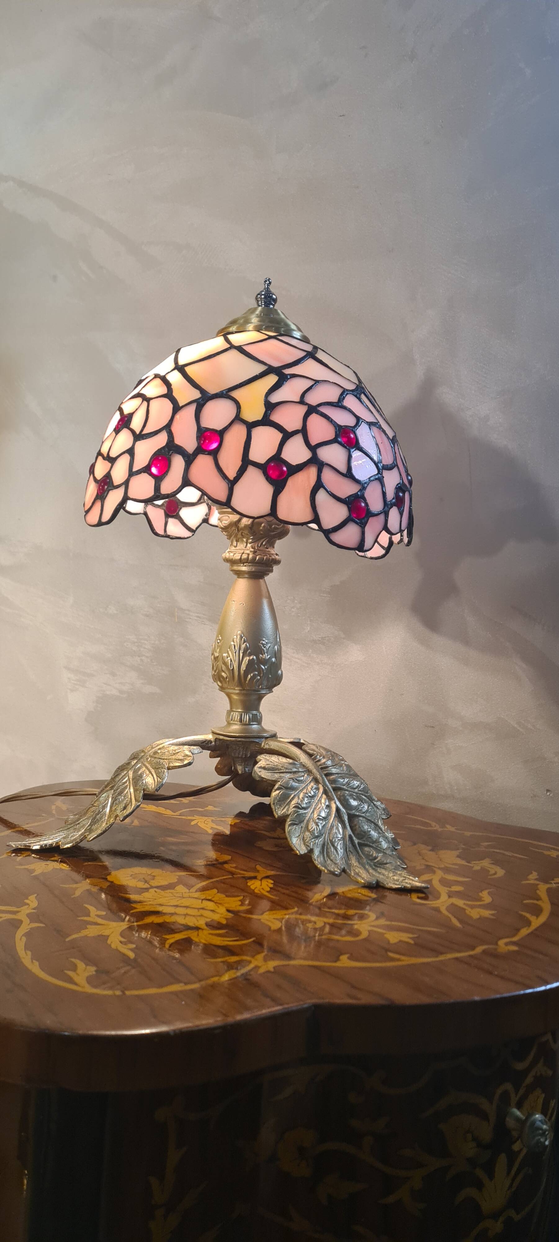 antique bronze lamp with leaf base and glass paste, art nouveau stained glass
