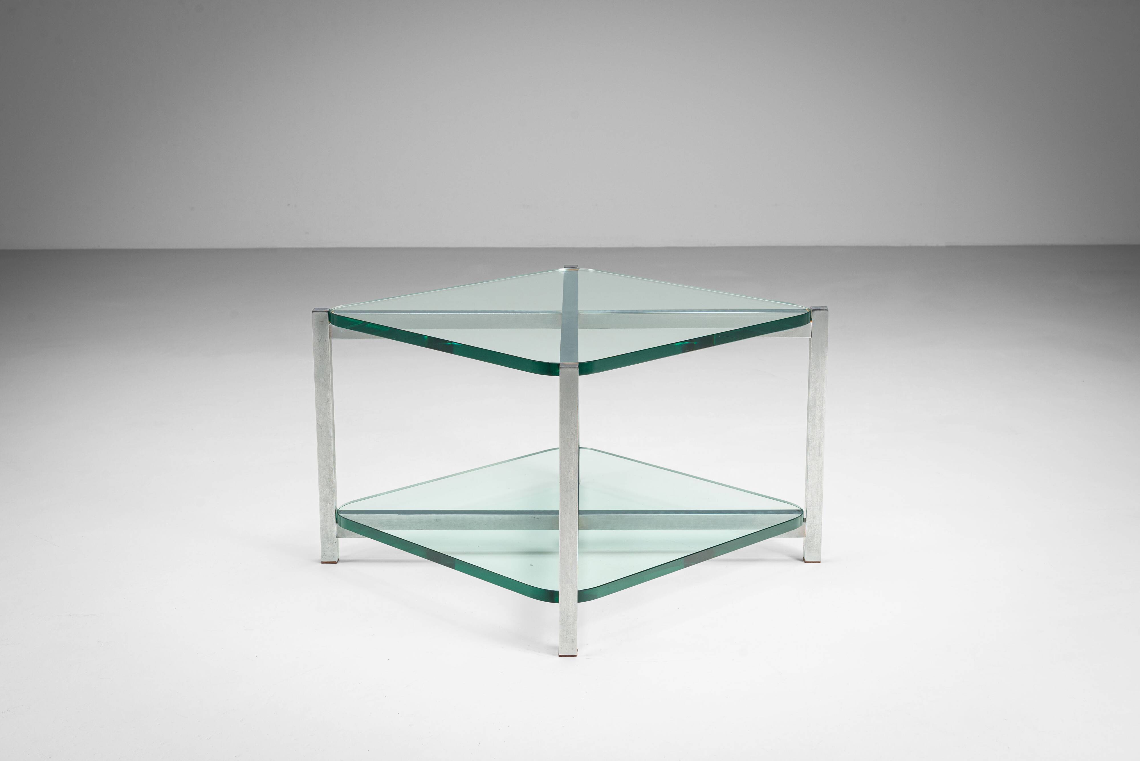 Two-tier glass side table with aluminium frame