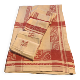 Vintage Large Damask Tablecloth with Six Monogram M Napkins.