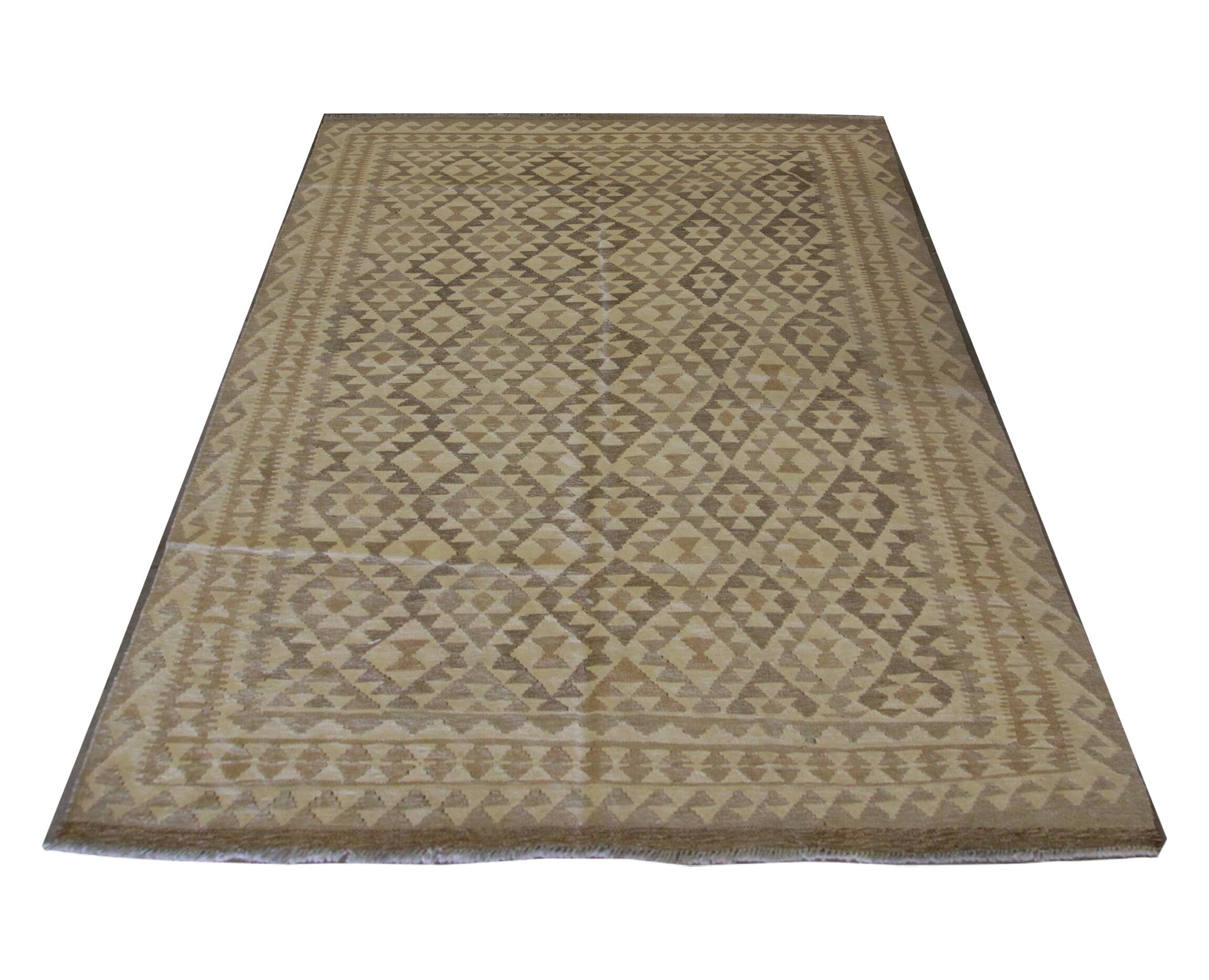 Tapis Kilim kaki-brun, laine afghane tissée à plat, tapis tribal géométrique fait main