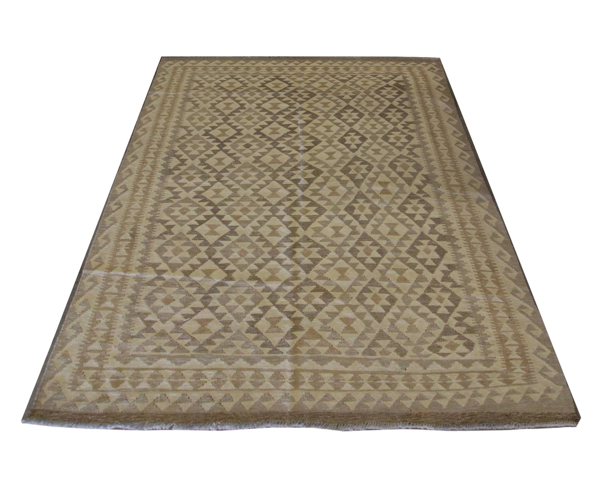 Khaki Brown Kilim Rug, Afghan Wool Flatweave, Handmade Geometric Tribal Rug