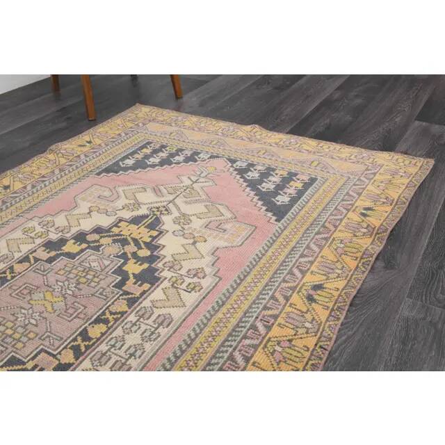 1970s Vintage Turkish Hand-Knotted Wool Cotton Pink Area Rug 124x226