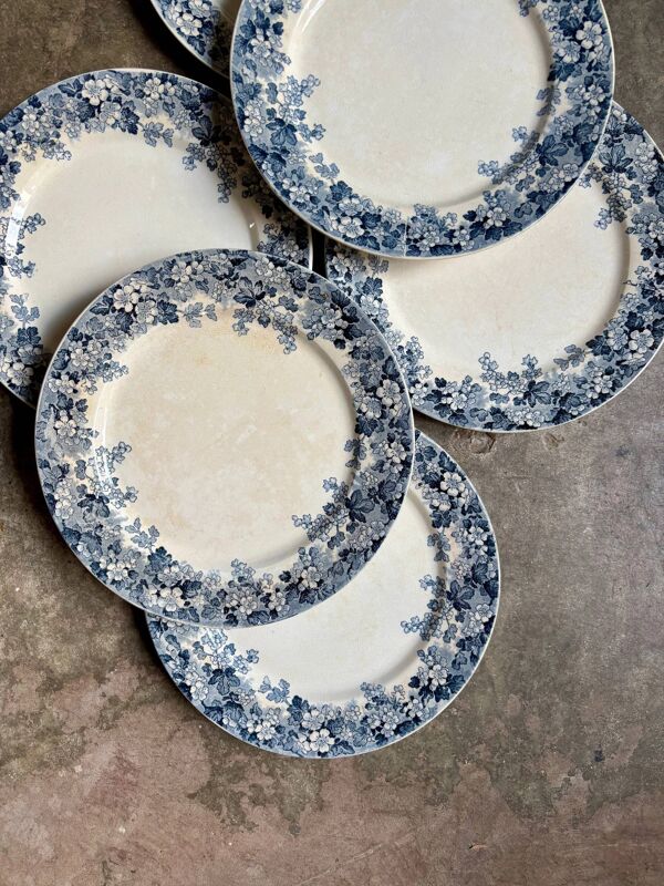 6 assiettes plates Sarreguemines en terre de fer bleue, service ''Récamier
