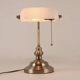 Lampe de banquier en bronze et opaline blanc Lampe notaire , Art Déco