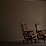 Pair of sculptural Danish modern rocking chairs in lambswool and oak, brutalist, 1950.