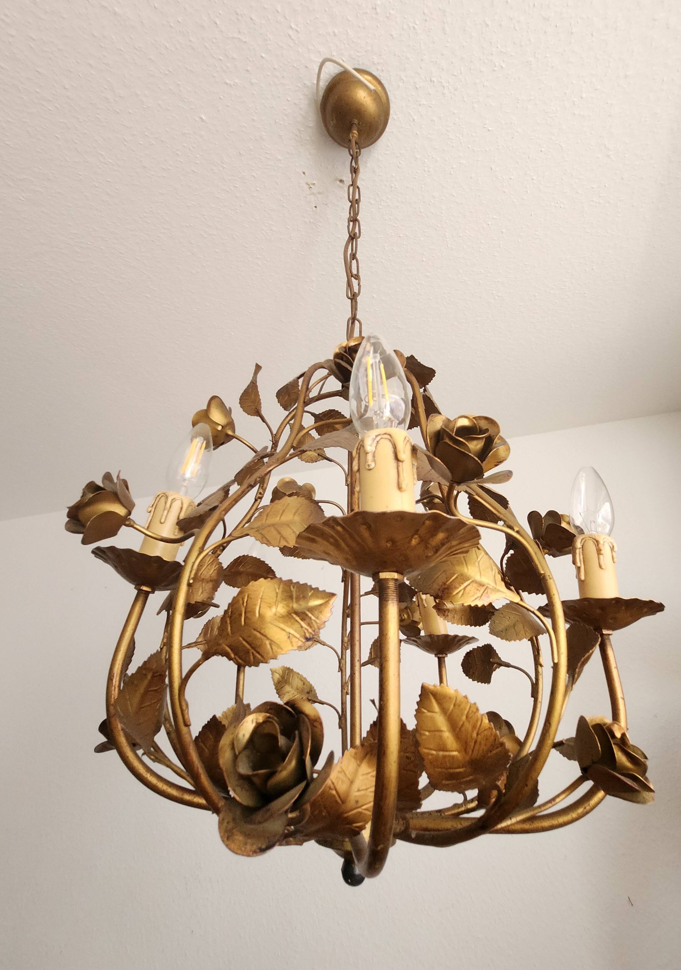 Chandelier hand-forged Hollywood Regency rose leaf decorations