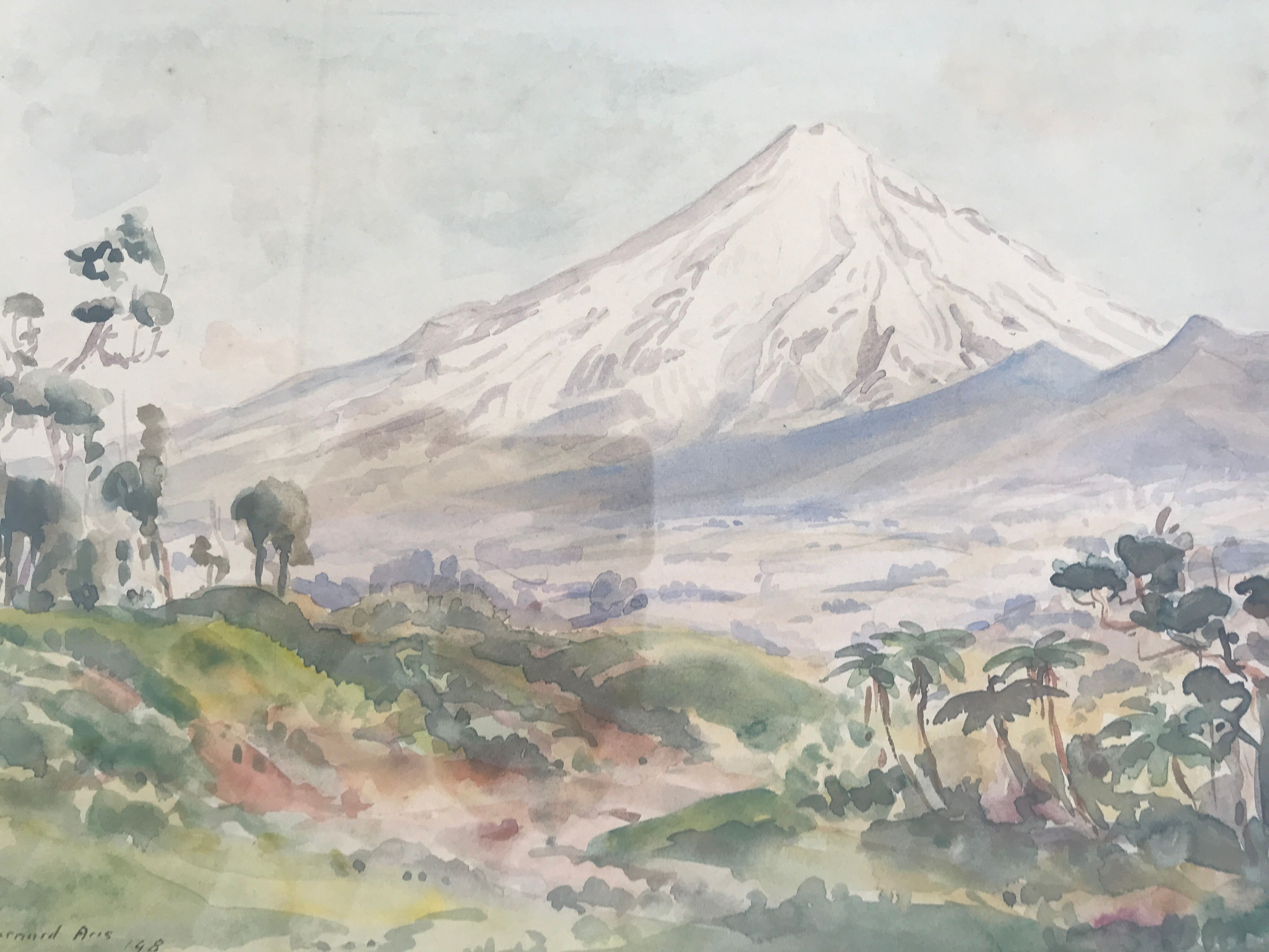 Watercolour signed by bernard aris, mount taranaki, new plymouth park, 1948