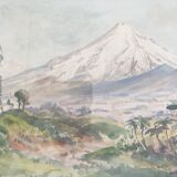 Watercolour signed by bernard aris, mount taranaki, new plymouth park, 1948