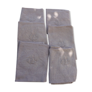 6 serviettes rectangulaires, en coton damassées, teinte Lilas et monogrammées OG, art deco