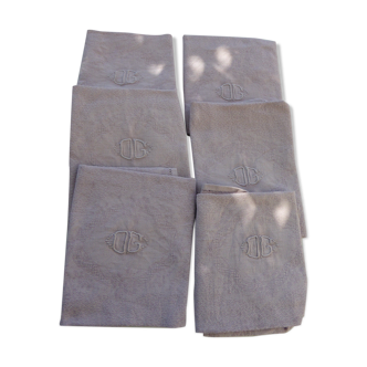 6 rectangular towels, damask cotton, Lilas tint and monogrammed OG, art deco
