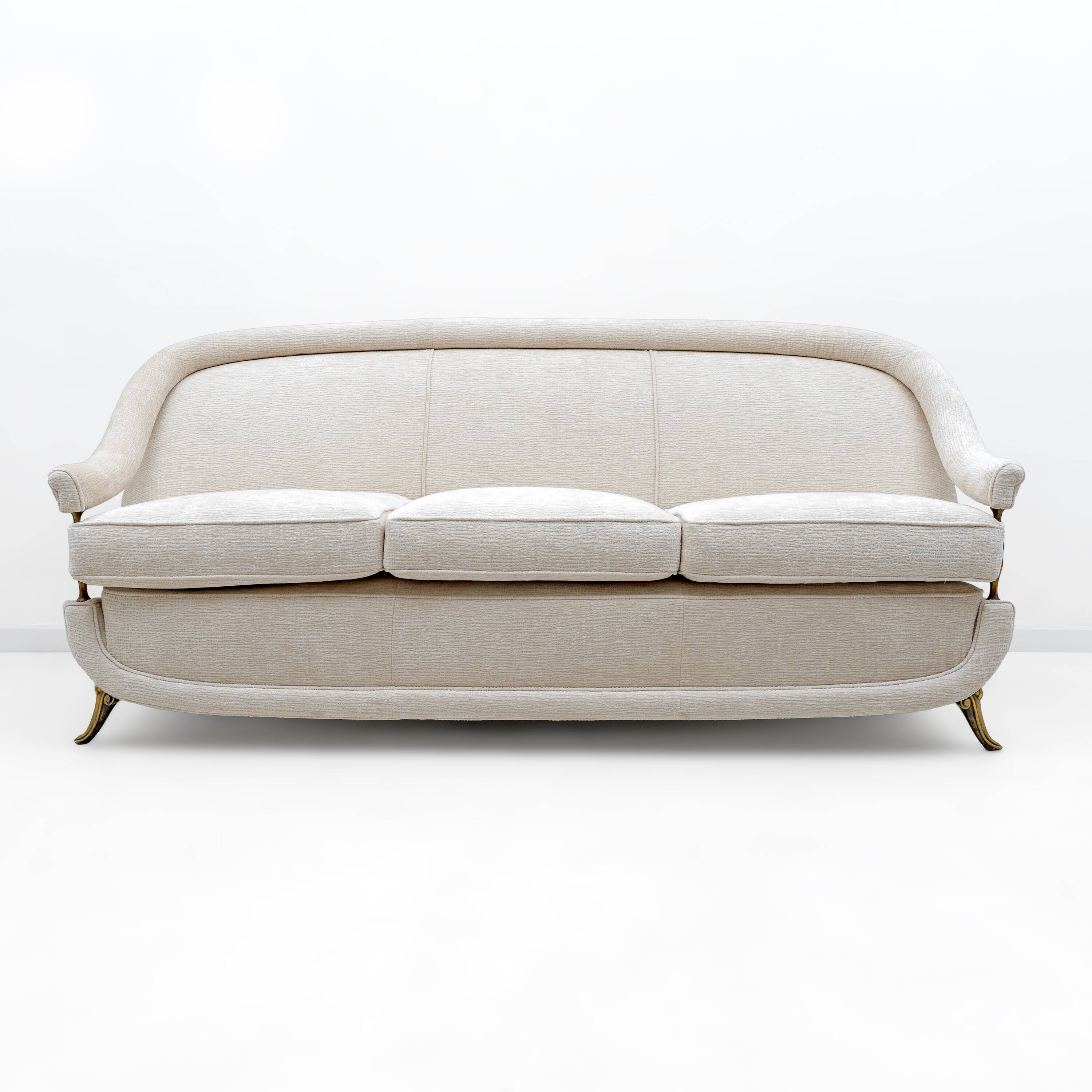 French of Mid-Century Sofa in Art Deco Style with Brass Details, 1950s