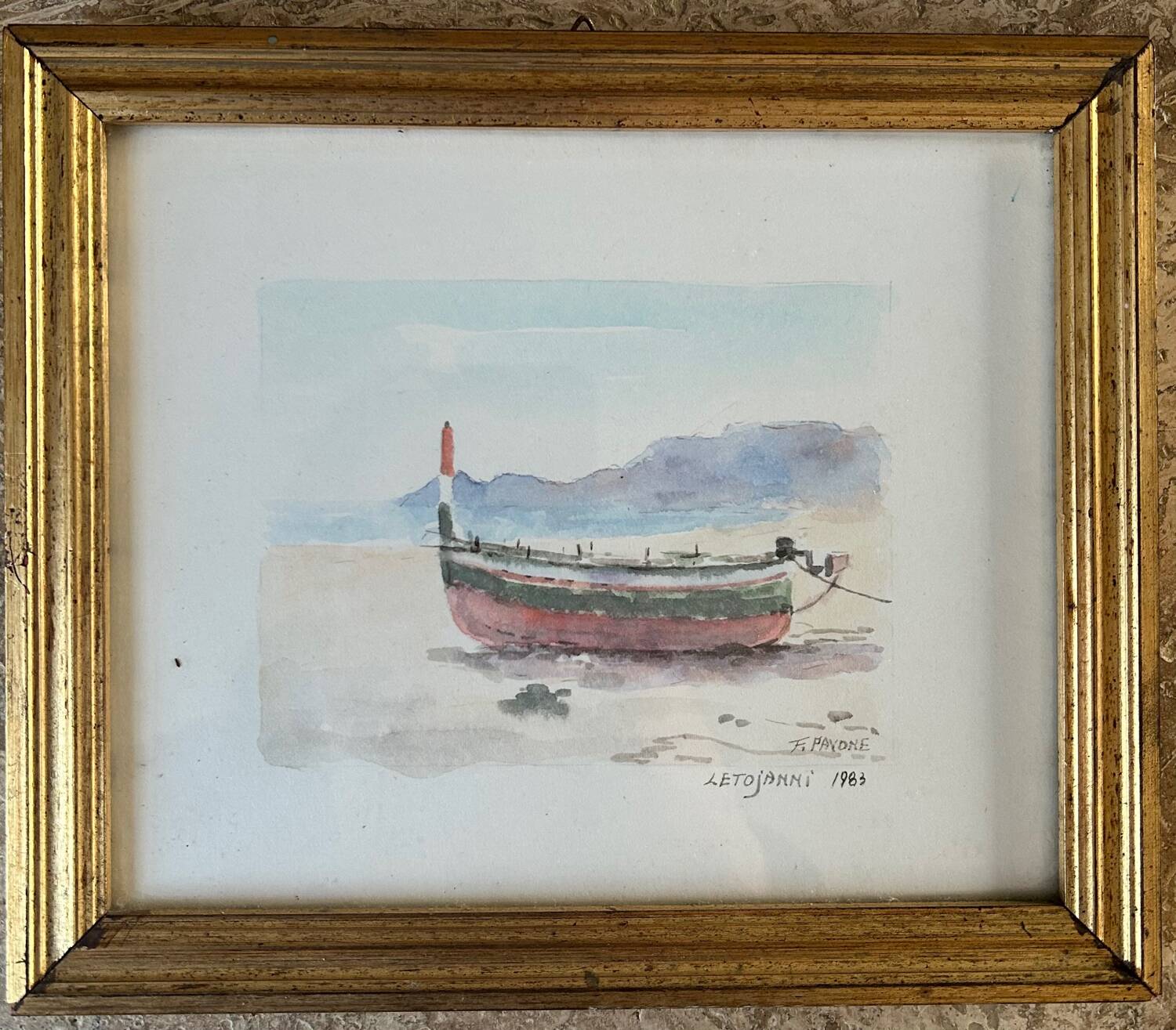 Watercolor, a boat stranded on the sand