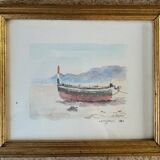 Aquarelle, un bateau échoué sur le sable