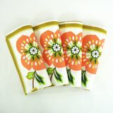 4 cotton napkins - orange and green floral pattern - vintage 70s