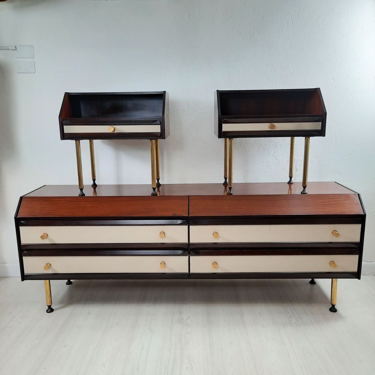 Dresser / chest of drawers and bedside tables - 1960s - faux leather brass