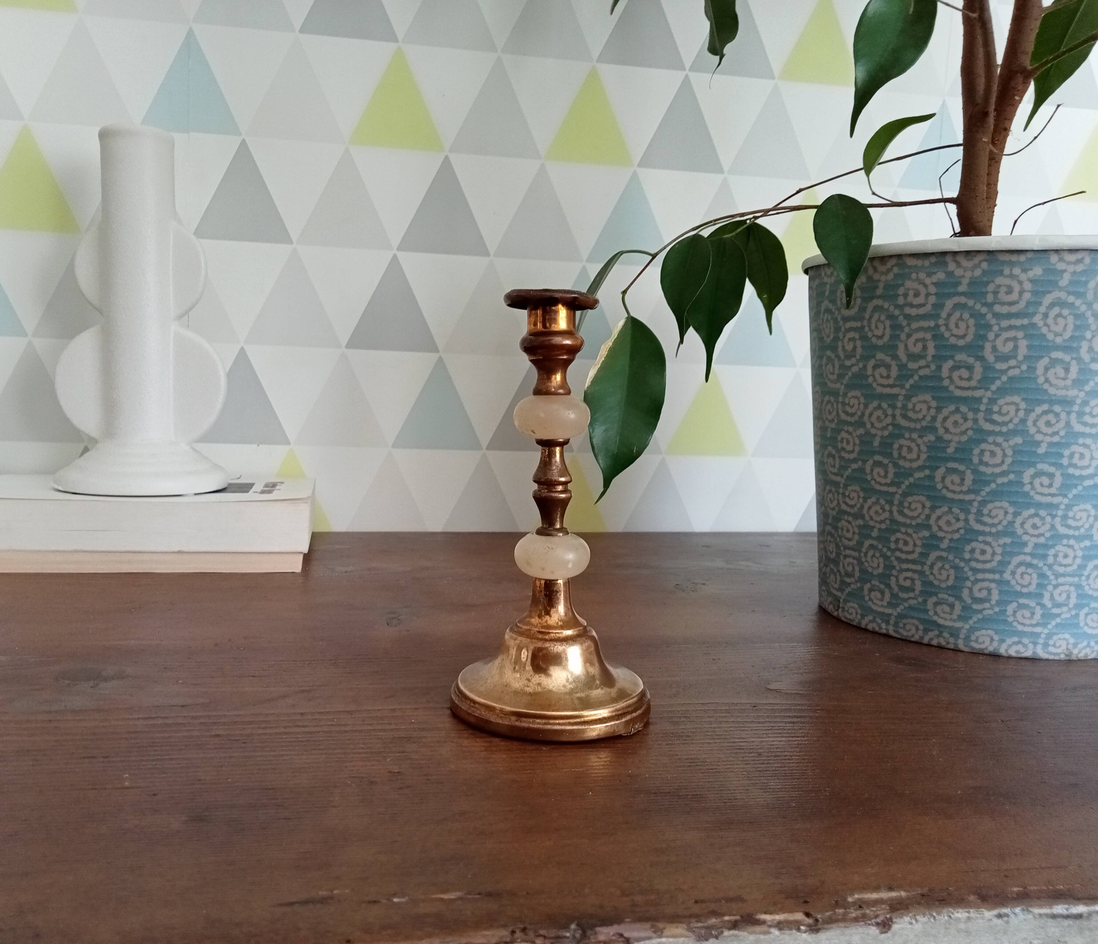 Antique brass and alabaster candlestick