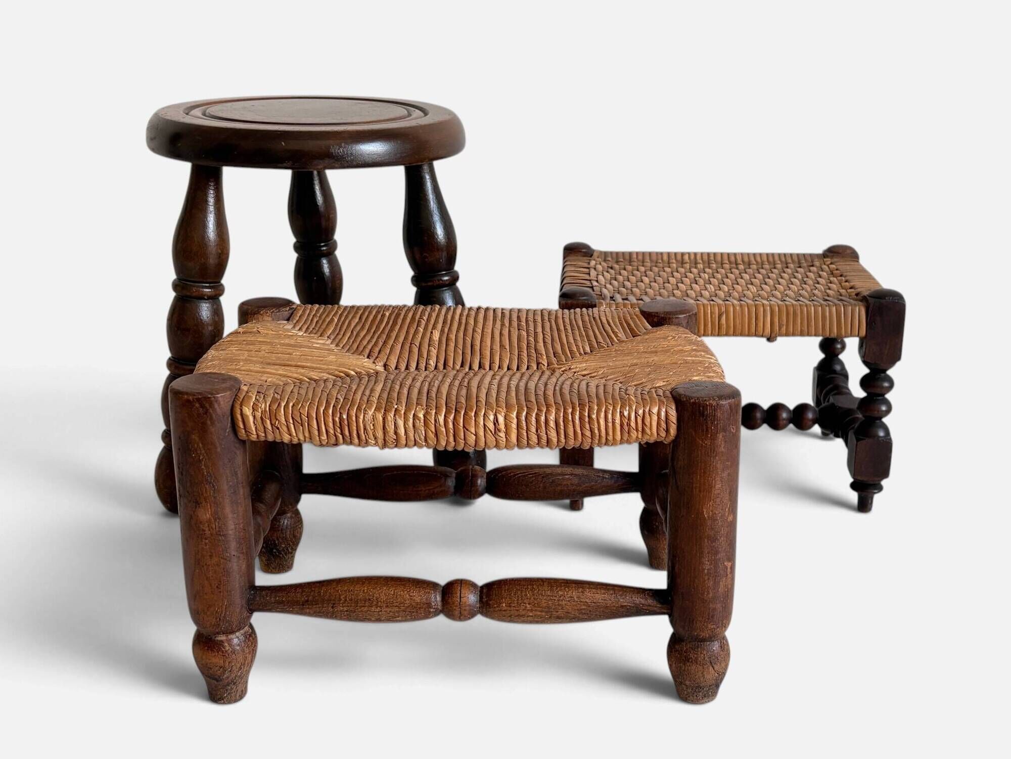 Rustic French Low Footstool in Turned Wood and Rush, Early 20th Century