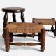 Rustic French Low Footstool in Turned Wood and Rush, Early 20th Century