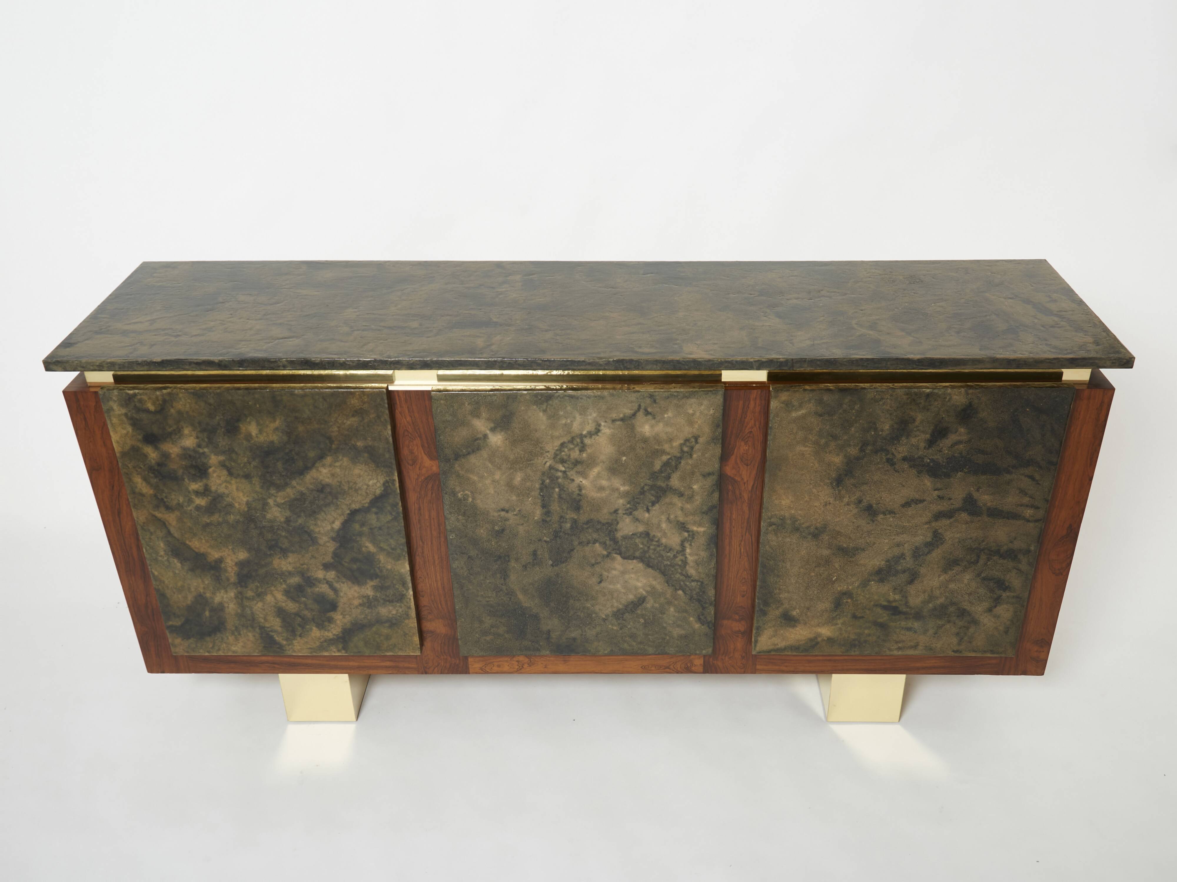 Brutalist Belgian enfilade in rosewood, resin, and brass from around 1970.