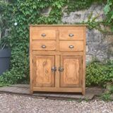Parisian art deco sideboard in solid raw wood with pyrographed decorations, 1929