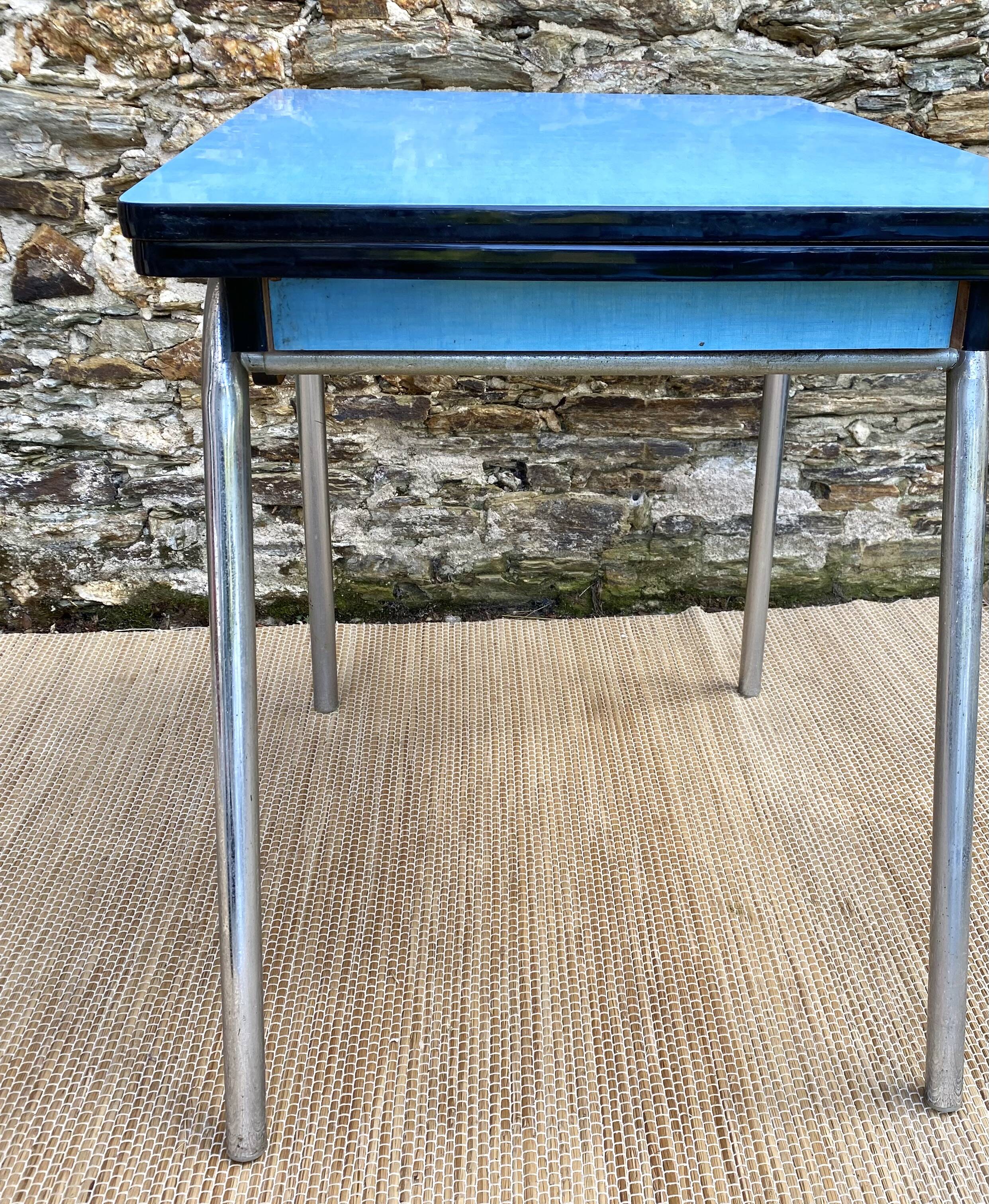 Extendable blue formica table and 2 chairs, 1960s