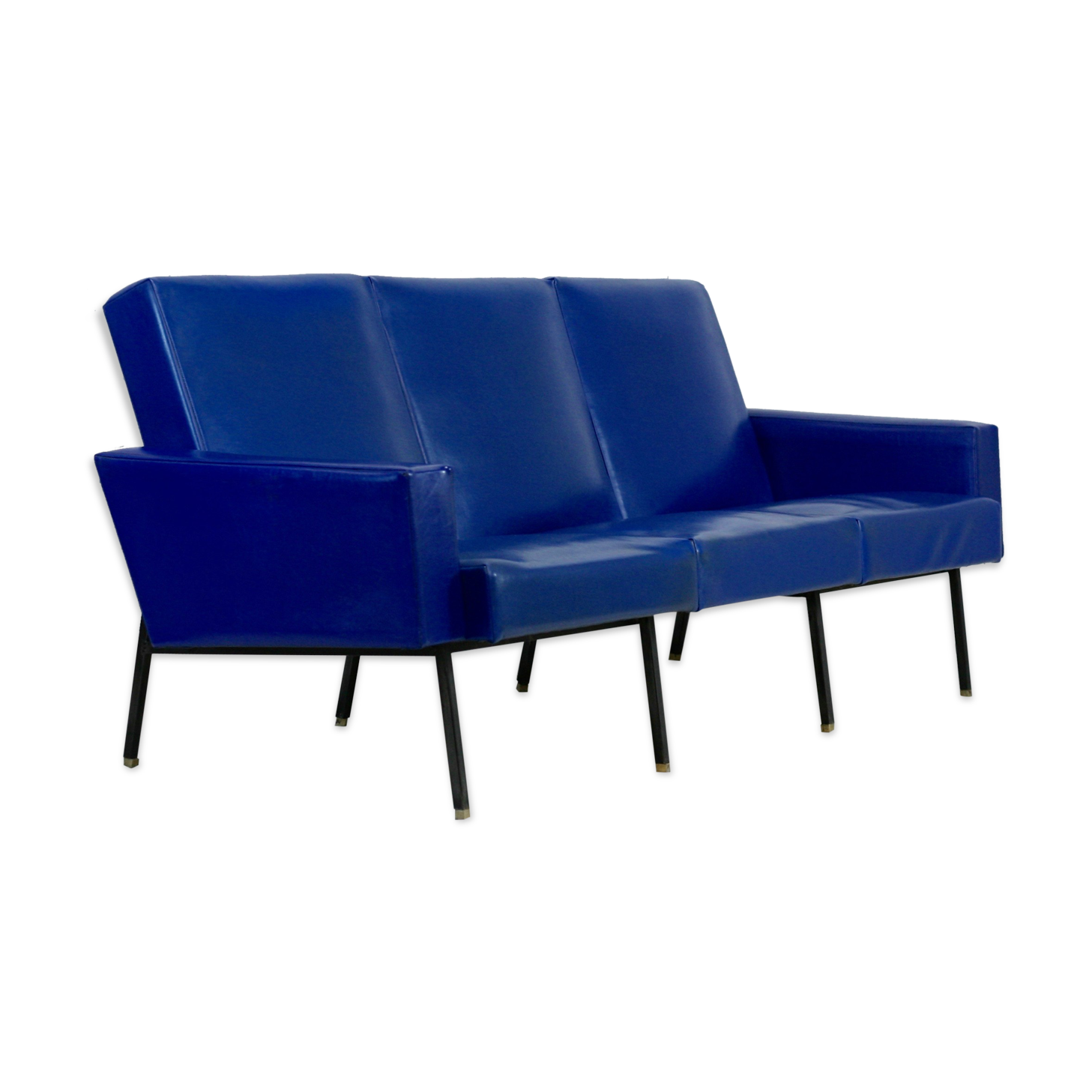 Sofa imitation leather blue and steel, 3 seats, France, circa 1960