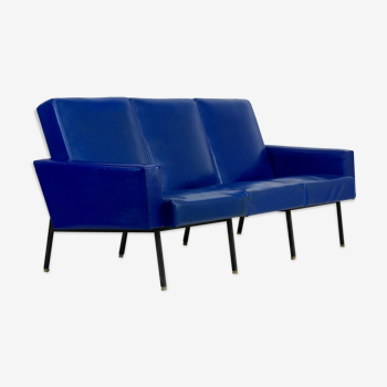 Sofa imitation leather blue and steel, 3 seats, France, circa 1960