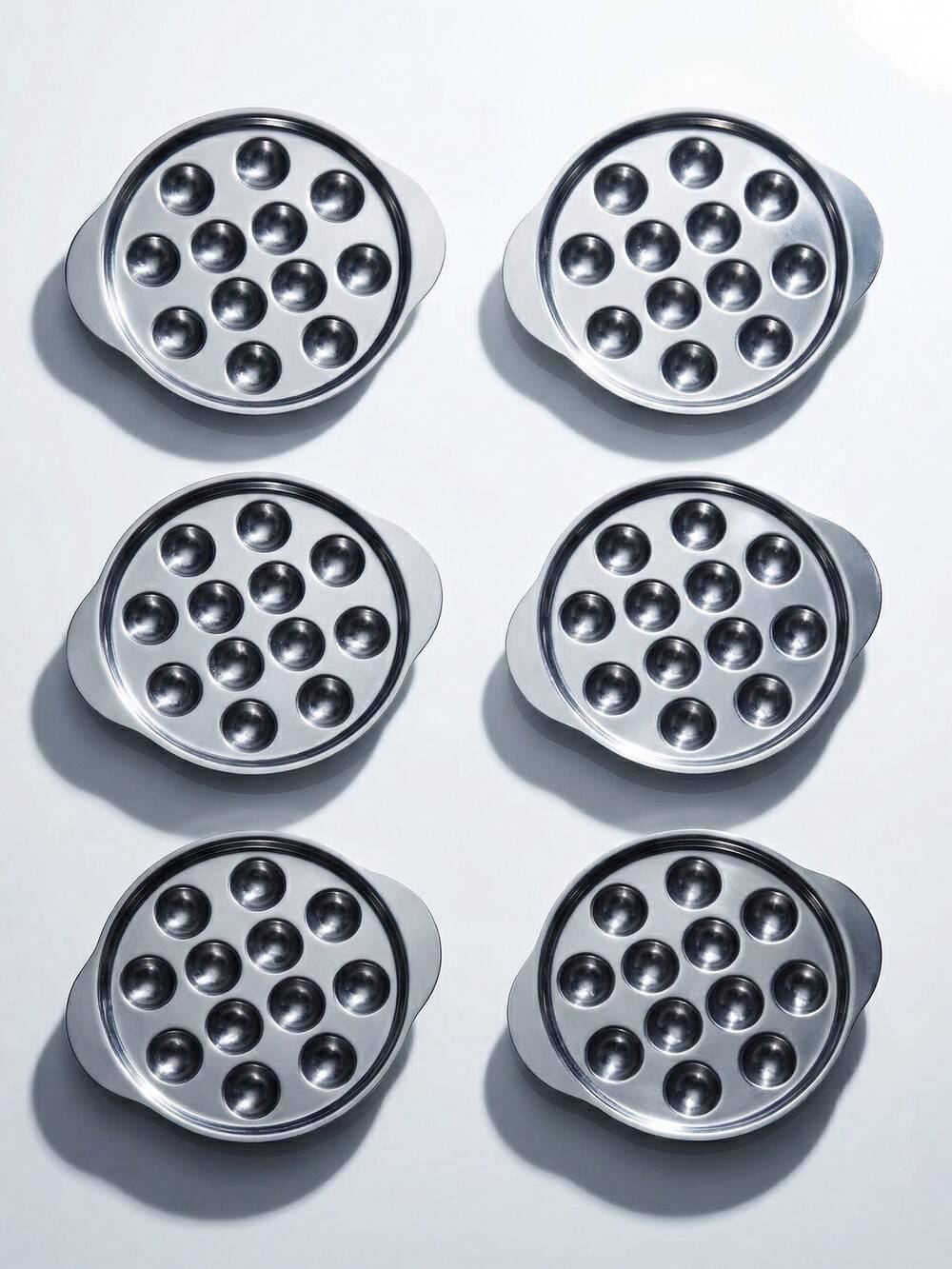 Set of 6 vintage stainless steel snail dishes, French, 1980s-90s.