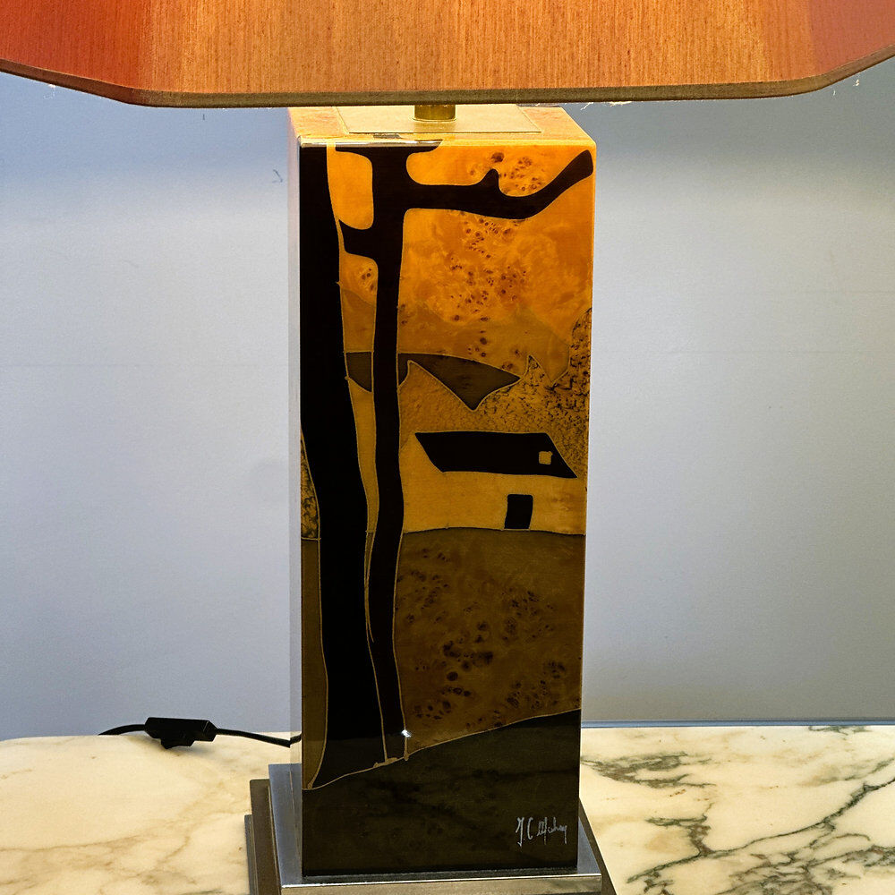 Rare 1970s Jean-Claude Mahey table lamp in burl wood with abstract inlay