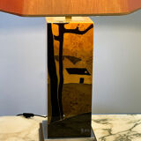 Rare 1970s Jean-Claude Mahey table lamp in burl wood with abstract inlay