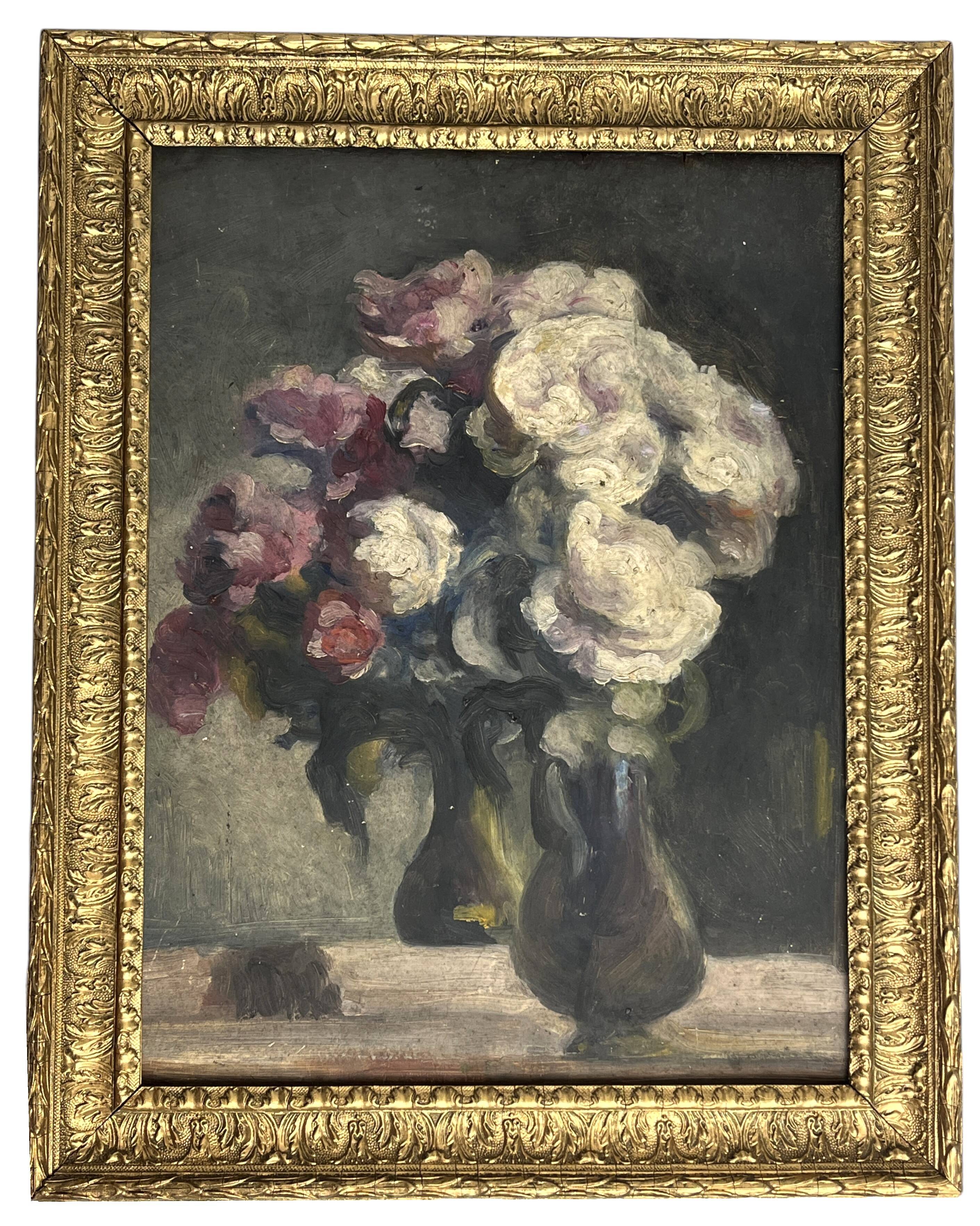 Oil on panel still life bouquet signed early 20th century.