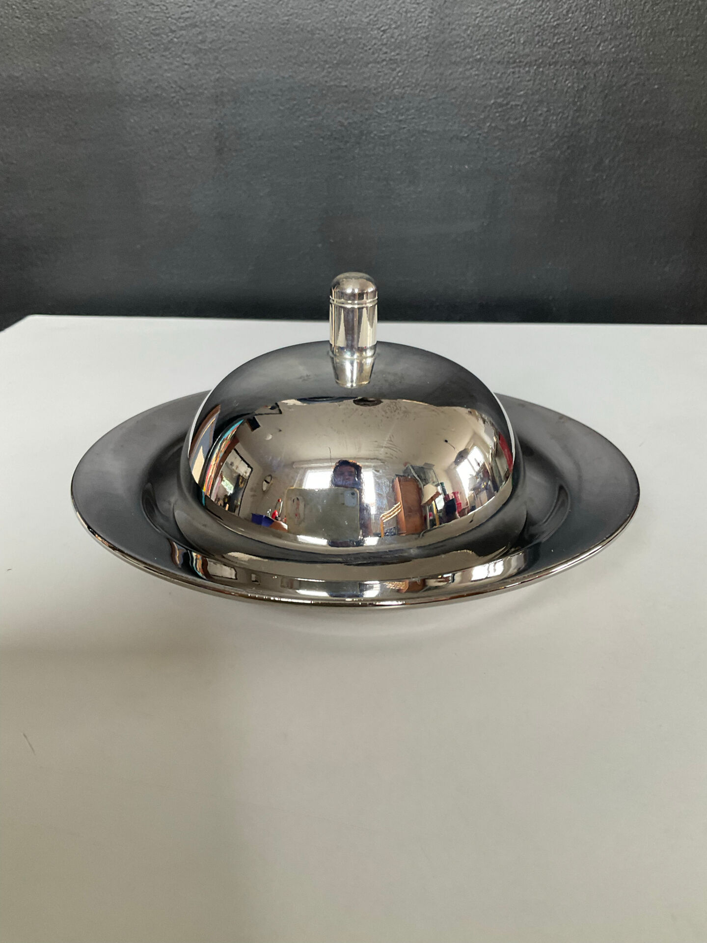 Vintage stainless steel and ceramic bell butter dish