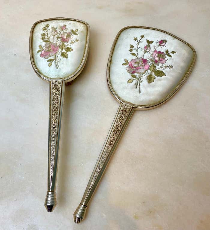 Toiletry set - metal and silk brush and hand mirror England from the 50s