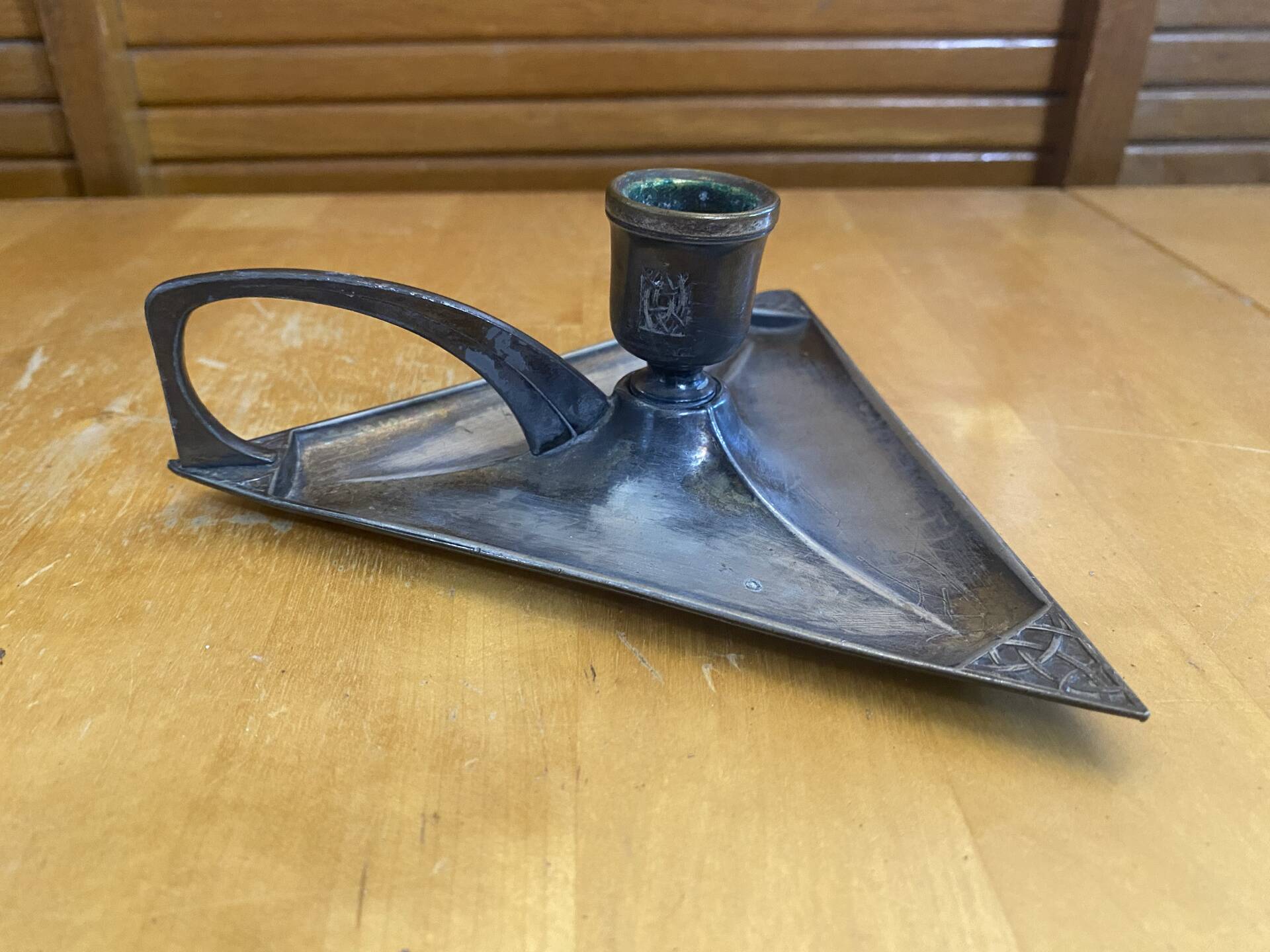 Handheld Candle Holder Art Nouveau Silver Metal Vintage Triangle