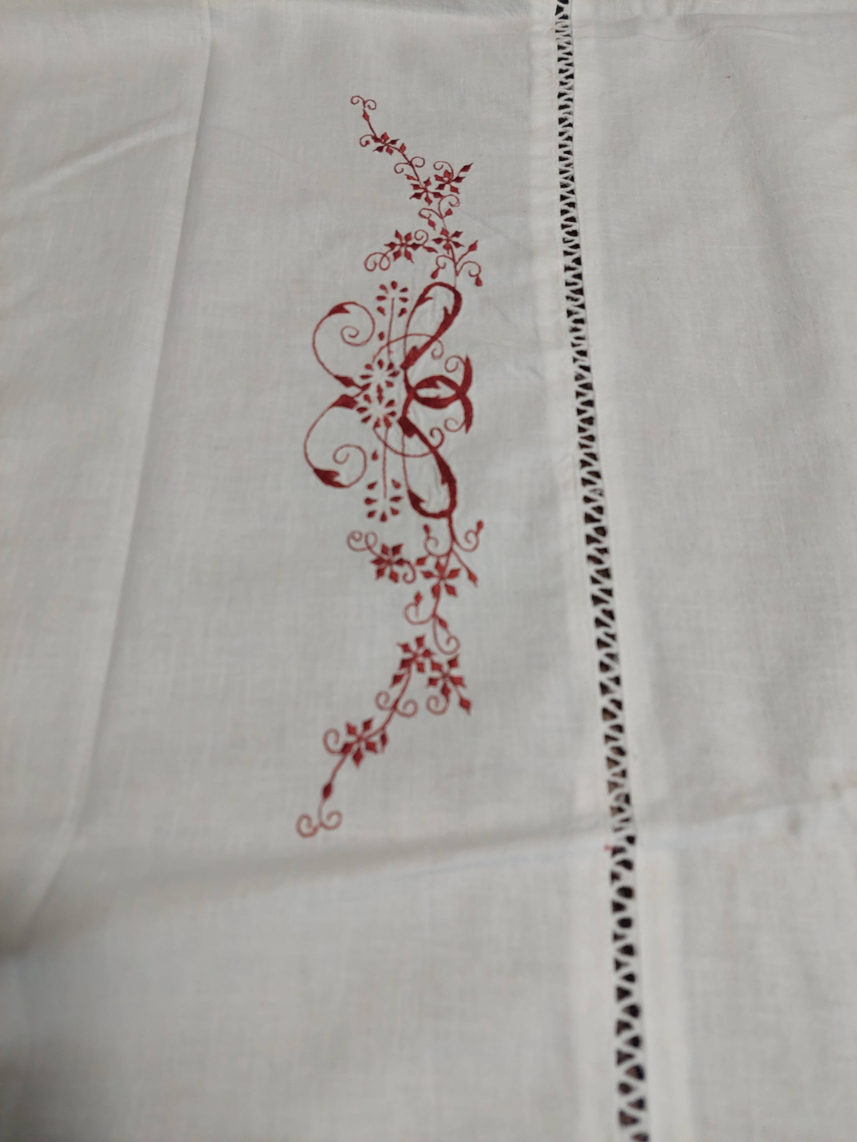 Antique white cotton tablecloth with red embroidery 135 x 145 cm