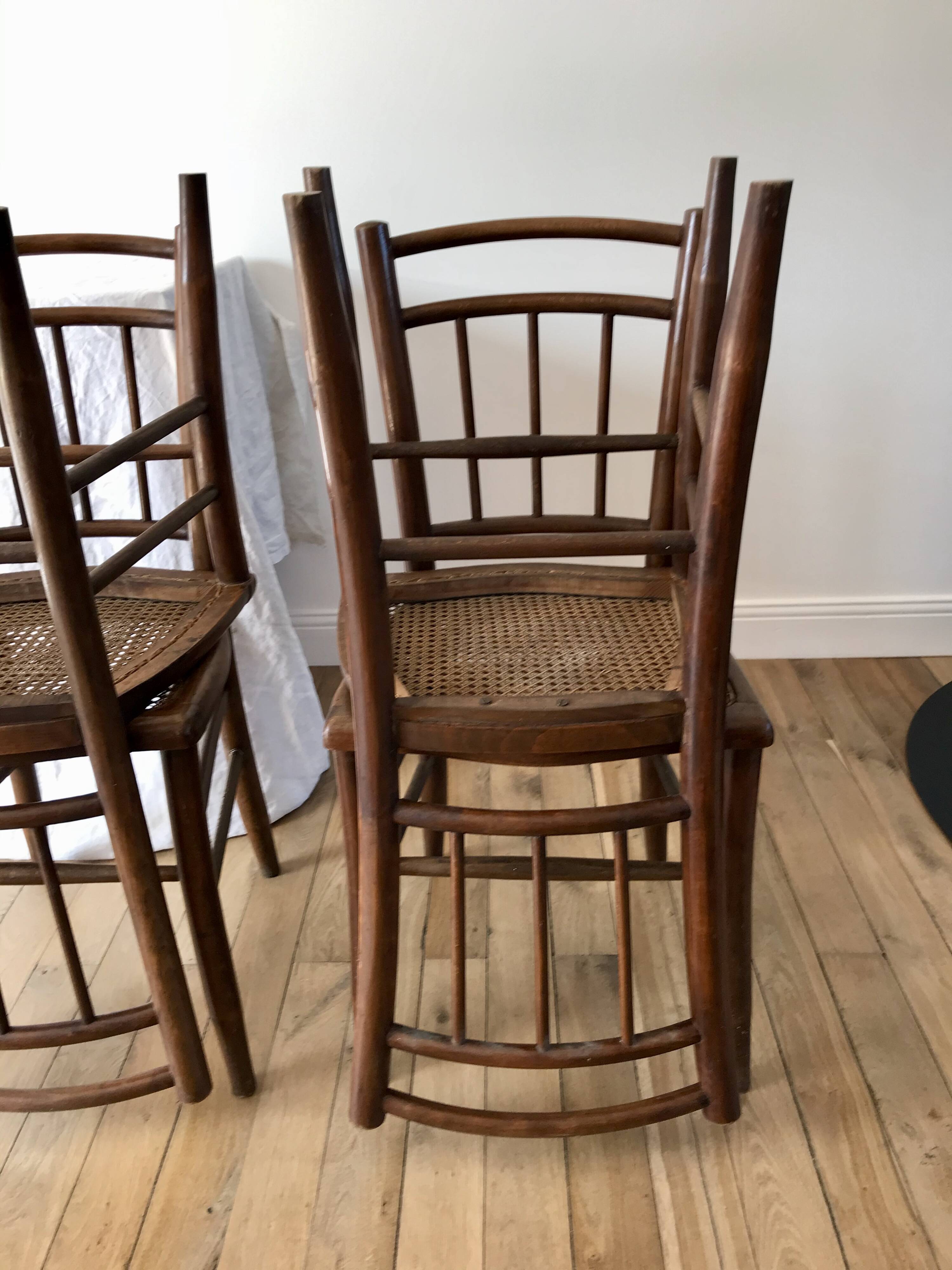set of 4 bistro chairs in turned wood and canework stamped early 20th century