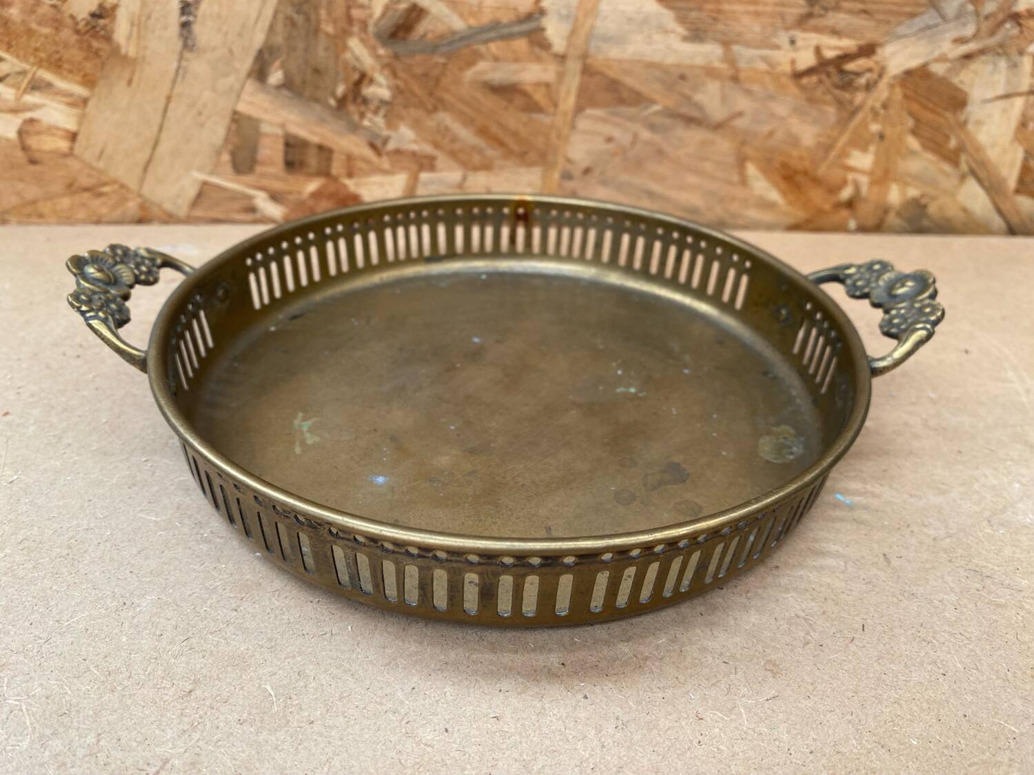 Antique openwork brass serving tray + flower handles vintage kitchen