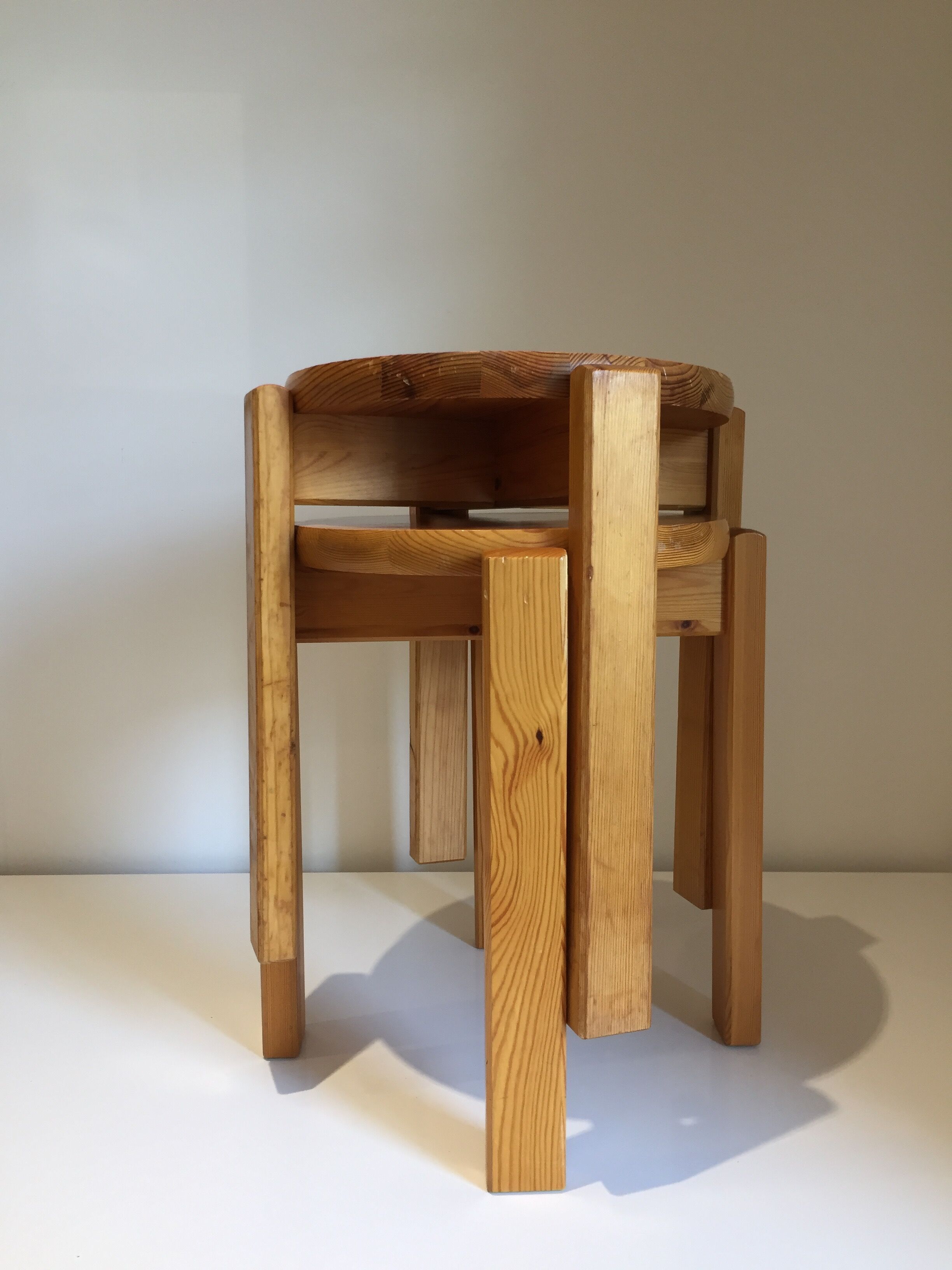 Pair of stackable pine stools, France, year 1980