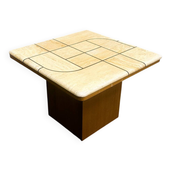 Table basse en carreaux de travertin à décor graphique sur piètement en chêne, années 1970