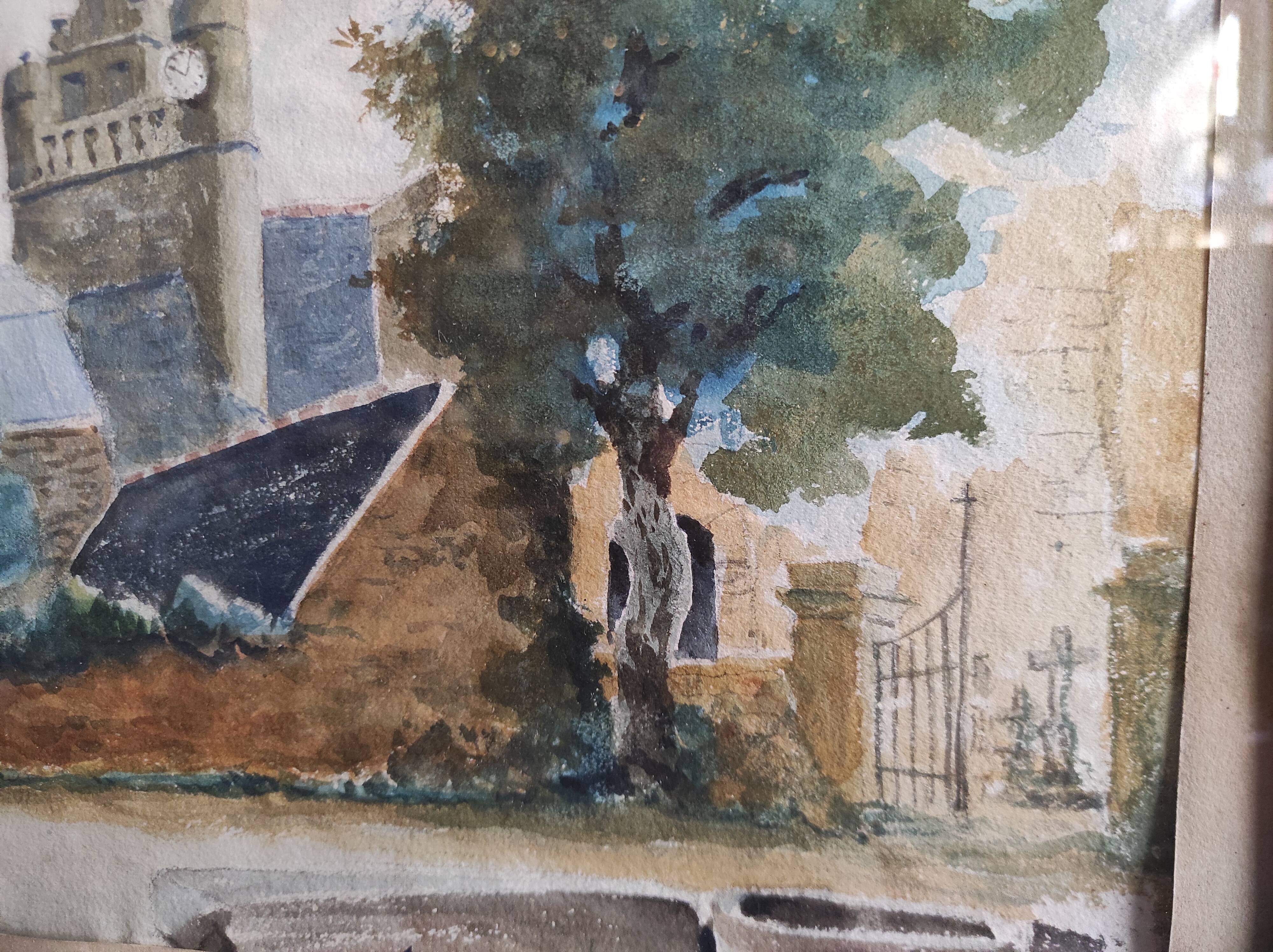 Vintage French watercolour of a village with a church, signed Vellat, from 1929  View on Etsy Copy