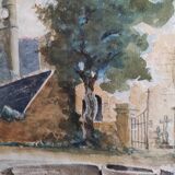 Aquarelle française d'un village avec une église, signée Vellat, 1929